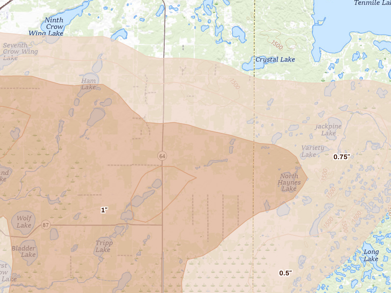 Radar-estimated hail-size map of the storm over Akeley, MN on Aug 6, 2026