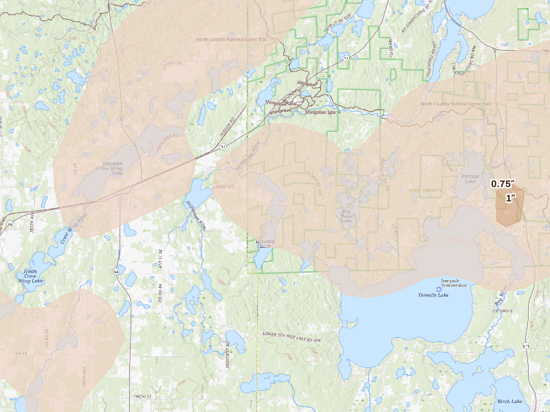 Radar-estimated hail-size map of the storm over Akeley, MN on Sep 11, 2026