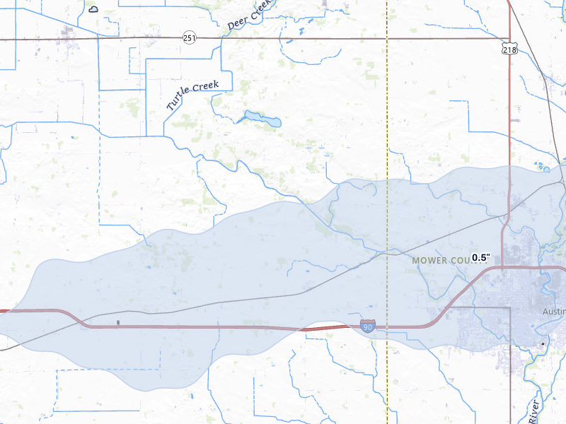 NEXRAD radar-signature map of the hail storm over Albert Lea, MN on Mar 30, 2026