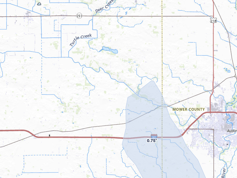 NEXRAD radar-signature map of the hail over Albert Lea, MN
