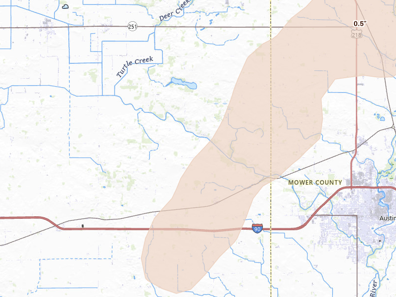 Radar-estimated hail-size map of the storm over Albert Lea, MN on Jun 30, 2026