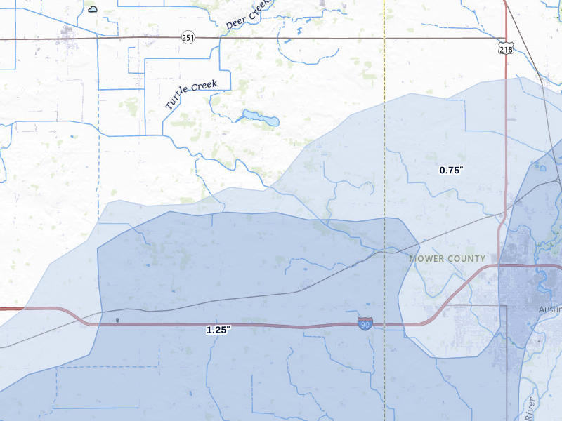NEXRAD radar-signature map of the hail storm over Albert Lea, MN on Jul 1, 2026