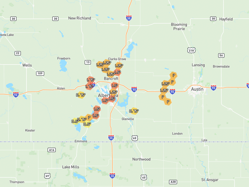 Hail map of Albert Lea, MN on Jul 1, 2026, hail up to 1.75"