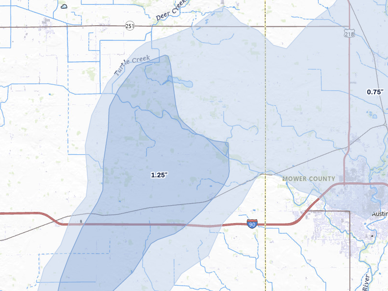 NEXRAD radar-signature map of the hail over Albert Lea, MN