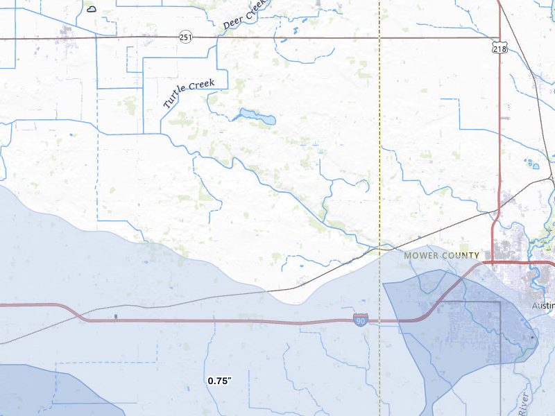 NEXRAD radar-signature map of the hail storm over Albert Lea, MN on Jul 8, 2026