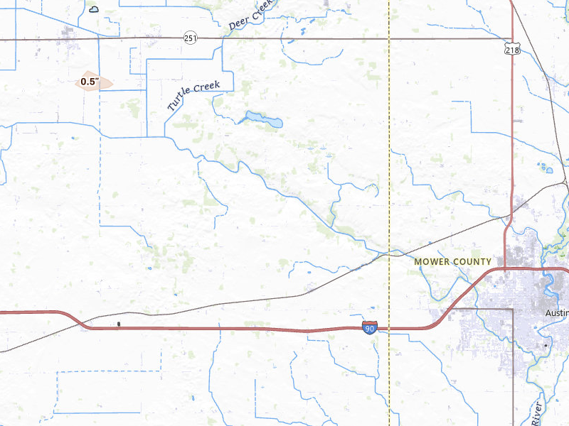 Radar-estimated hail-size map of the storm over Albert Lea, MN on Jul 19, 2026