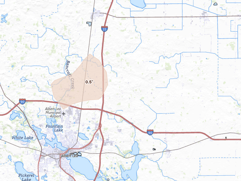 Radar-estimated hail-size map of the storm over Albert Lea, MN on Aug 3, 2026