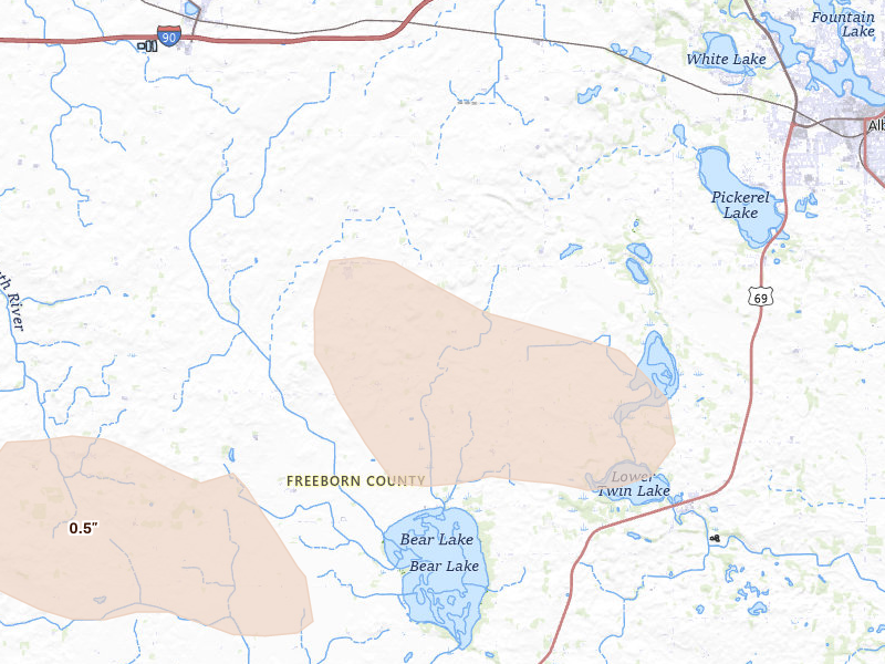 Radar-estimated hail-size map of the storm over Albert Lea, MN on Aug 20, 2026