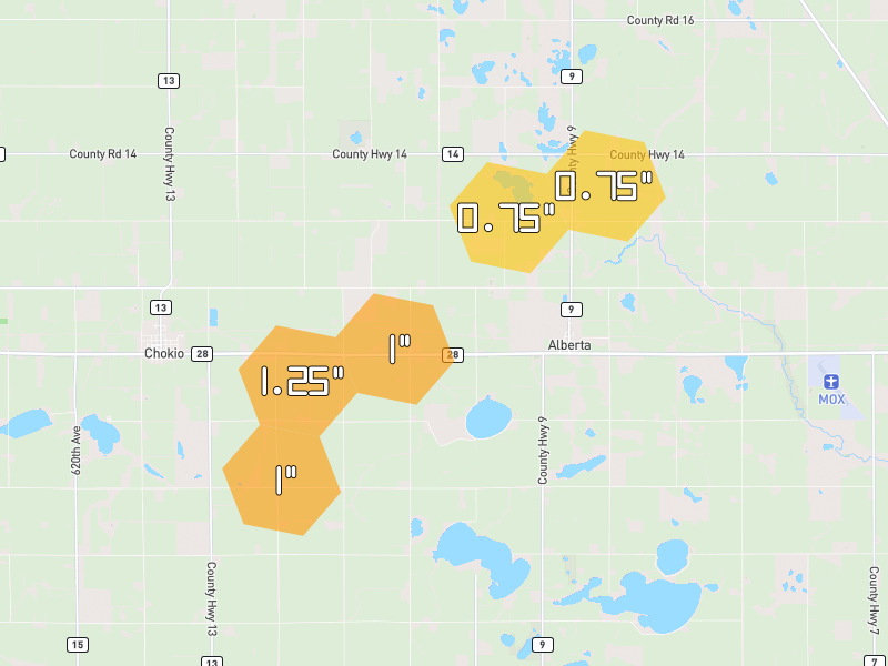 Hail map of Alberta, MN on Jun 30, 2026, hail up to 1.25"