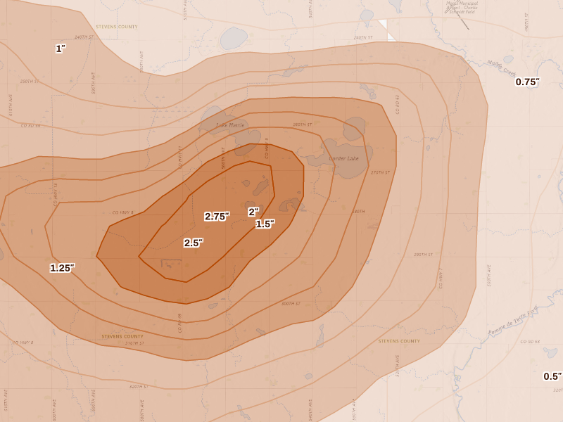 Radar-estimated hail-size map of the storm over Alberta, MN