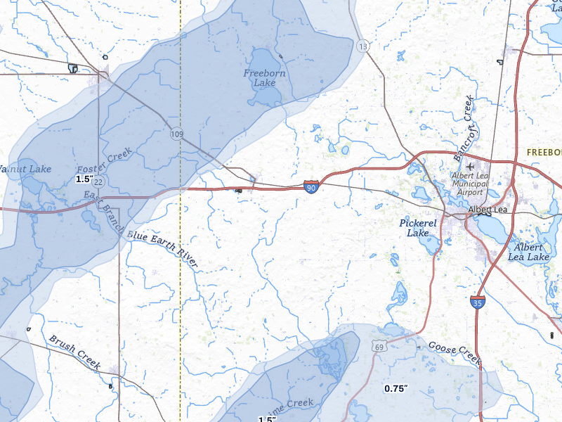 NEXRAD radar-signature map of the hail over Alden, MN