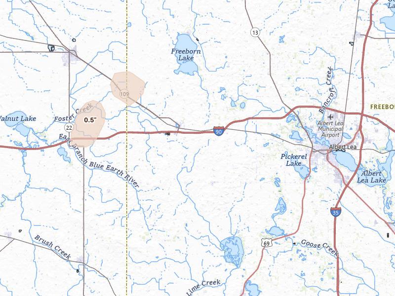 Radar-estimated hail-size map of the storm over Alden, MN on Jun 9, 2026