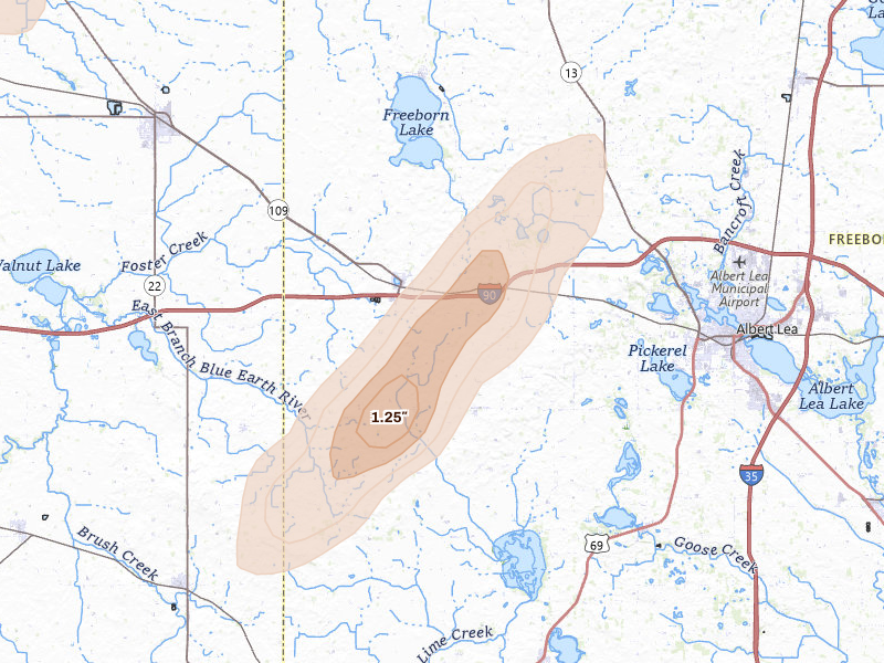Radar-estimated hail-size map of the storm over Alden, MN on Jun 29, 2026