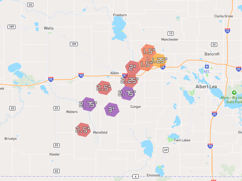 Hail map of Alden, MN on Jun 30, 2026, hail up to 3"