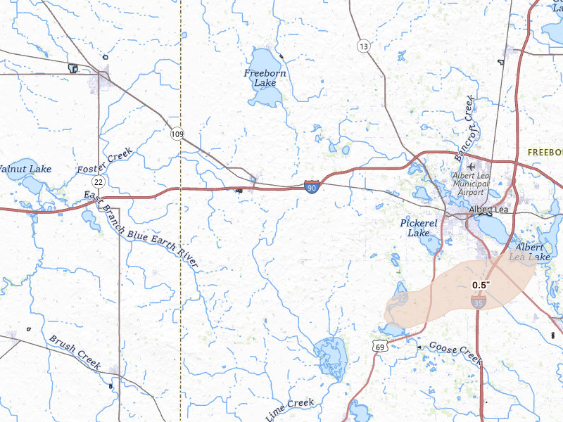 Radar-estimated hail-size map of the storm over Alden, MN on Jul 1, 2026