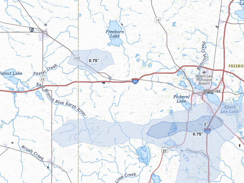 NEXRAD radar-signature map of the hail storm over Alden, MN on Jul 1, 2026