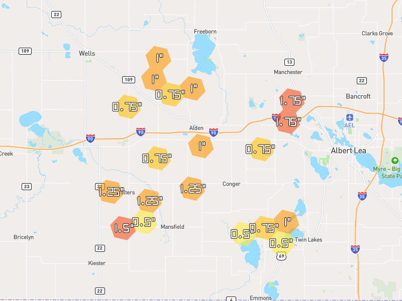 Hail map of Alden, MN on Jul 1, 2026, hail up to 1.75"