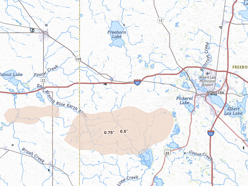 Radar-estimated hail-size map of the storm over Alden, MN on Jul 2, 2026