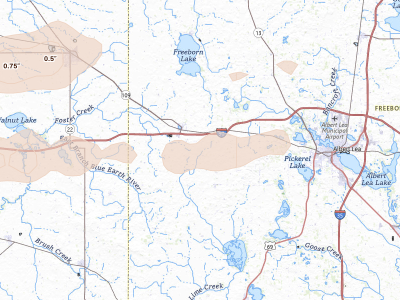 Radar-estimated hail-size map of the storm over Alden, MN on Jul 8, 2026