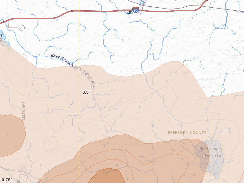 Radar-estimated hail-size map of the storm over Alden, MN on Aug 7, 2026