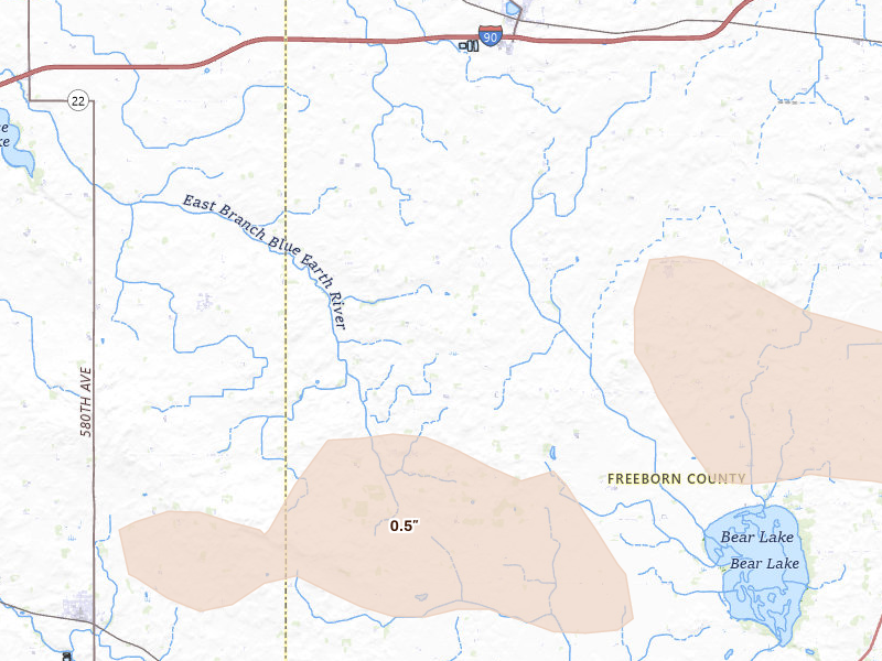 Radar-estimated hail-size map of the storm over Alden, MN on Aug 20, 2026