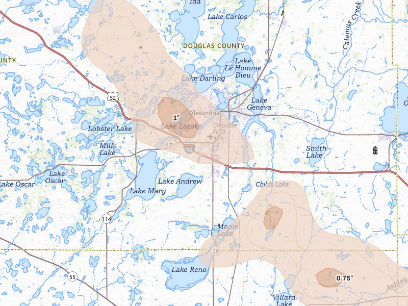 Radar-estimated hail-size map of the storm over Alexandria, MN on Jun 5, 2026