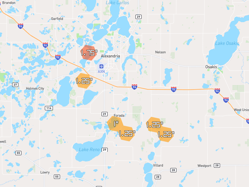 Hail map of Alexandria, MN on Jun 5, 2026, hail up to 1.75"