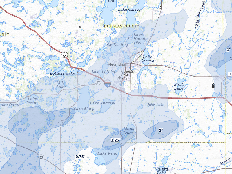 NEXRAD radar-signature map of the hail storm over Alexandria, MN on Jun 29, 2026