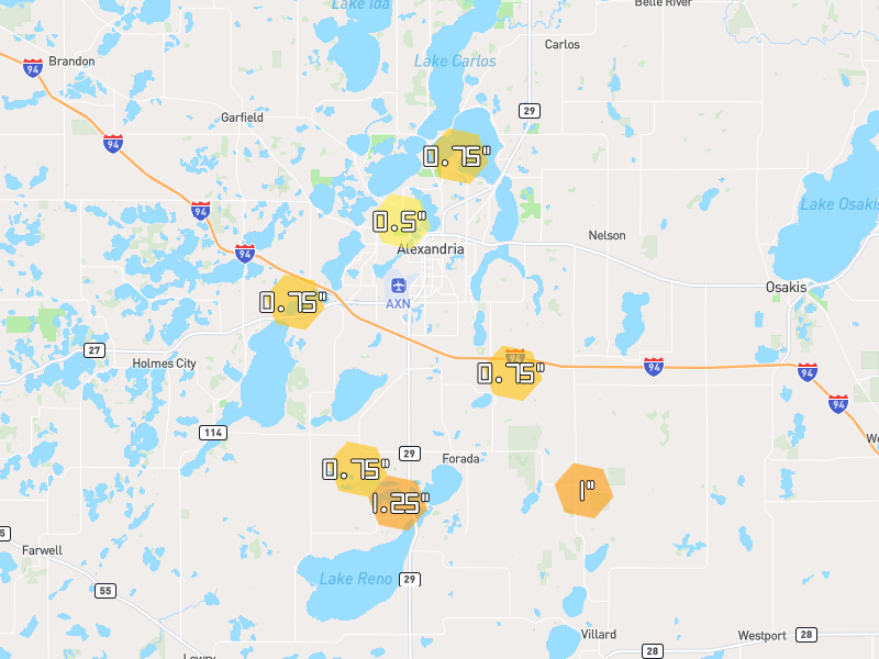 Hail map of Alexandria, MN on Jun 30, 2026, hail up to 1.25"