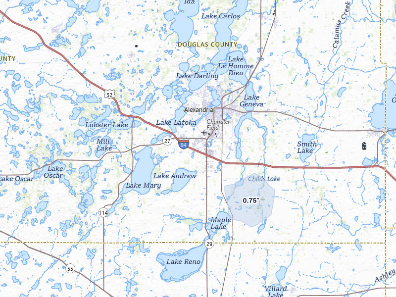 NEXRAD radar-signature map of the hail storm over Alexandria, MN on Jul 7, 2026