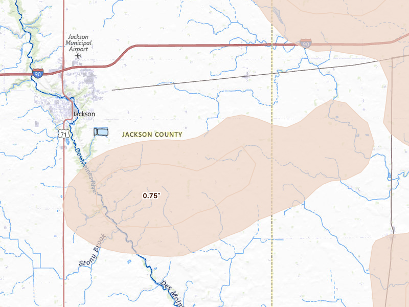 Radar-estimated hail-size map of the storm over Alpha, MN on Aug 8, 2026