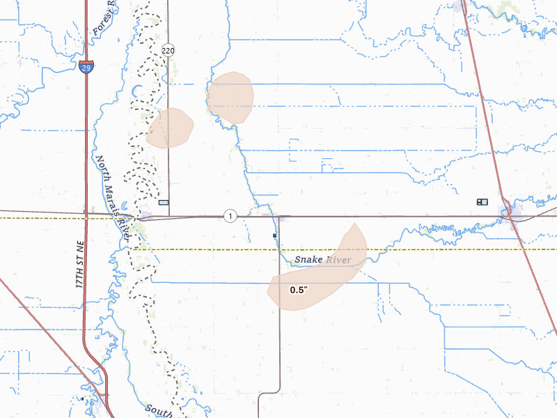 Radar-estimated hail-size map of the storm over Alvarado, MN on Jun 10, 2026