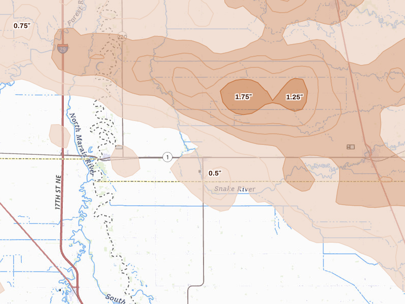 Radar-estimated hail-size map of the storm over Alvarado, MN on Jul 24, 2026