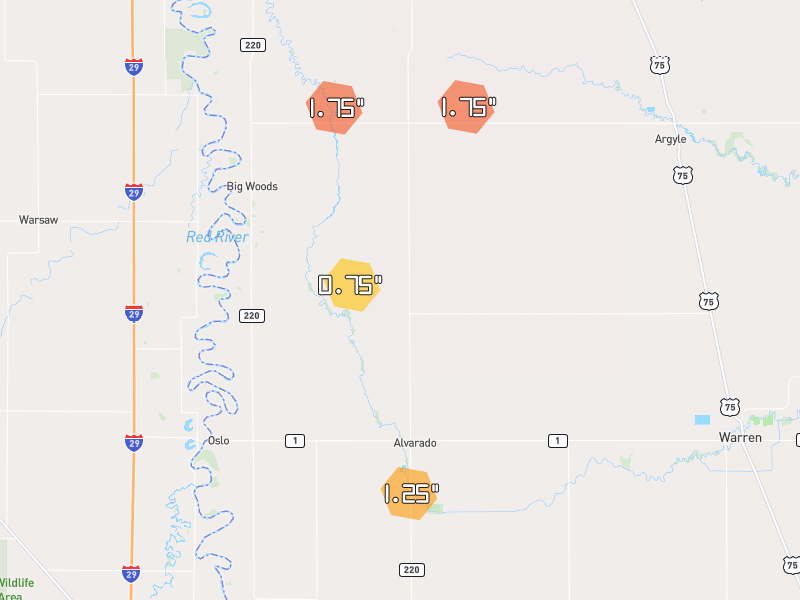Hail map of Alvarado, MN on Jul 25, 2026, hail up to 1.75"