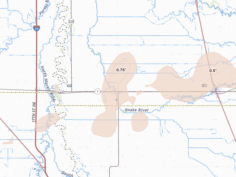 Radar-estimated hail-size map of the storm over Alvarado, MN on Sep 3, 2026