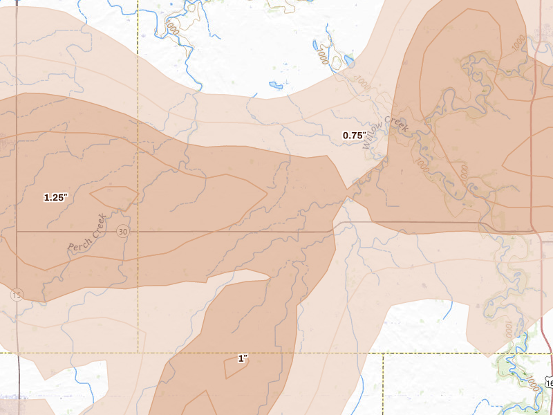 Radar-estimated hail-size map of the storm over Amboy, MN on Apr 13, 2026