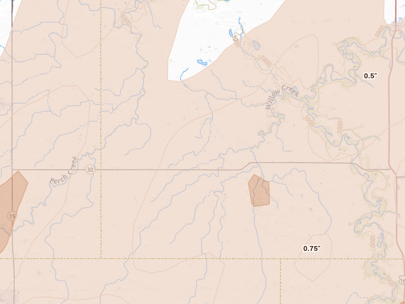 Radar-estimated hail-size map of the storm over Amboy, MN on May 17, 2026