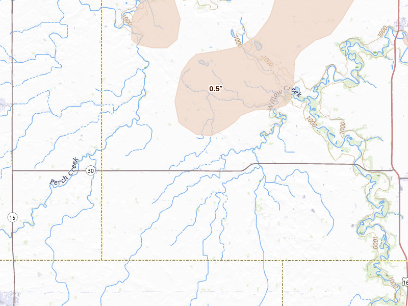Radar-estimated hail-size map of the storm over Amboy, MN on Jul 2, 2026