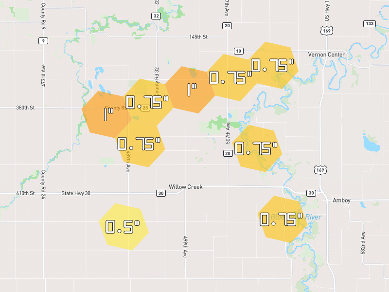 Hail map of Amboy, MN on Jul 2, 2026, hail up to 1"