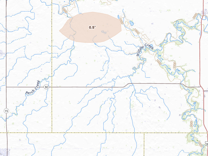 Radar-estimated hail-size map of the storm over Amboy, MN on Aug 9, 2026