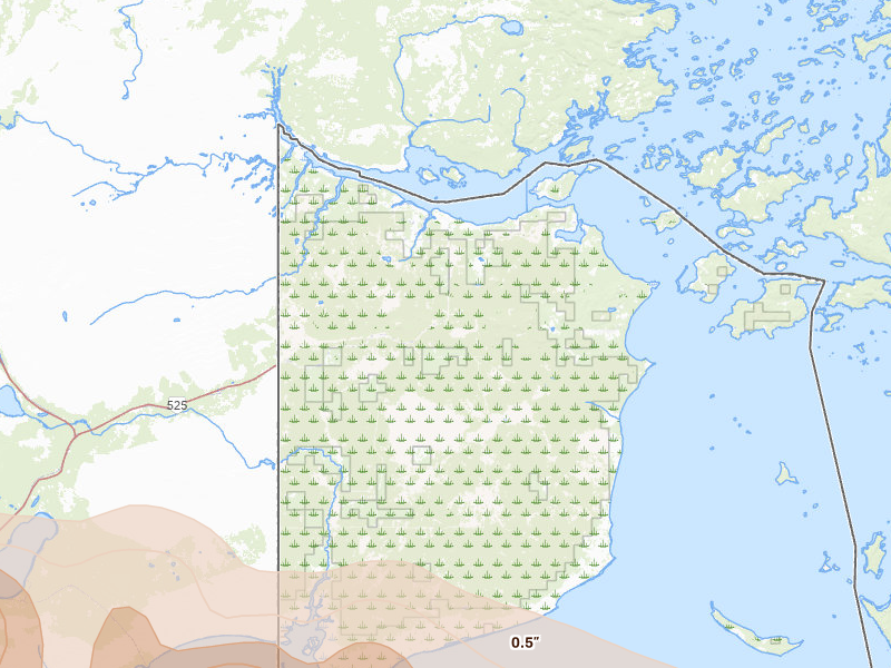 Radar-estimated hail-size map of the storm over Angle Inlet, MN on Jul 6, 2026