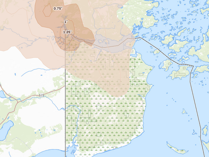 Radar-estimated hail-size map of the storm over Angle Inlet, MN on Jul 16, 2026