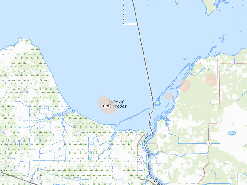 Radar-estimated hail-size map of the storm over Angle Inlet, MN on Aug 6, 2026