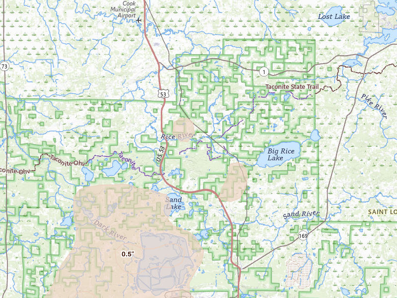 Radar-estimated hail-size map of the storm over Angora, MN on Jun 29, 2026