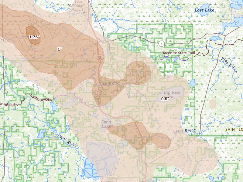 Radar-estimated hail-size map of the storm over Angora, MN on Jul 26, 2026