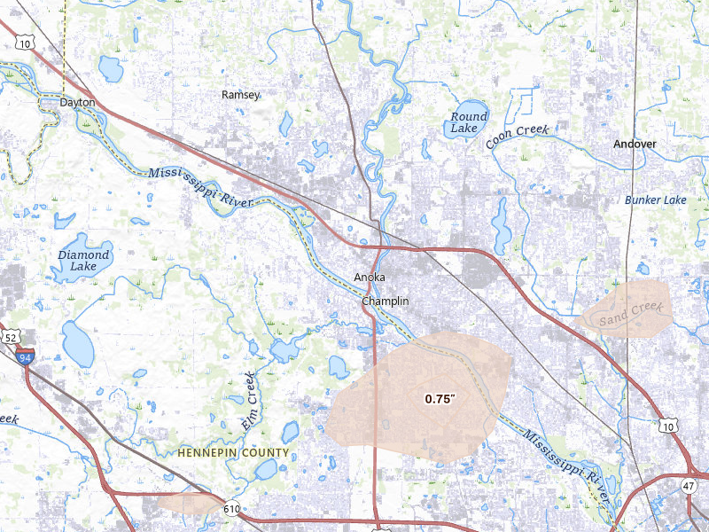 Radar-estimated hail-size map of the storm over Anoka, MN on Aug 3, 2026