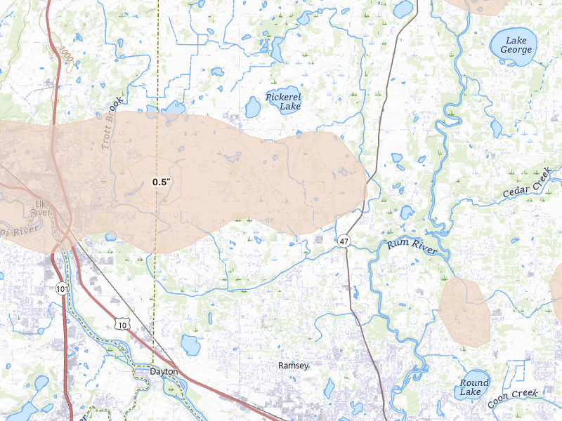 Radar-estimated hail-size map of the storm over Anoka, MN on Aug 8, 2026