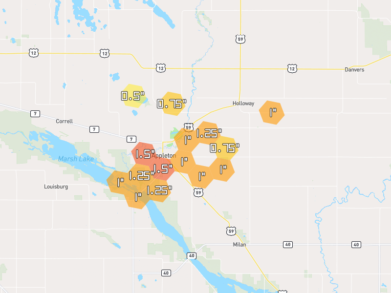 Hail map of Appleton, MN on Jun 4, 2026, hail up to 1.5"