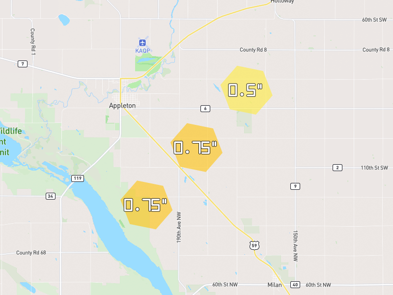 Hail map of Appleton, MN on Jun 30, 2026, hail up to 0.75"