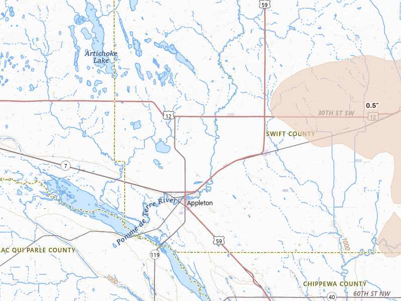 Radar-estimated hail-size map of the storm over Appleton, MN on Jul 6, 2026